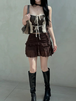 Muffler set lace ribbon top
