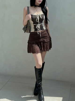 Muffler set lace ribbon top