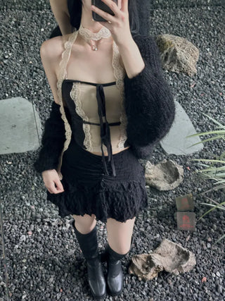 Muffler set lace ribbon top