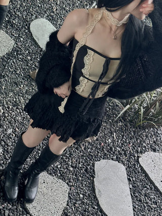 Muffler set lace ribbon top