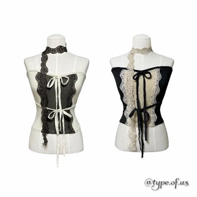 Muffler set lace ribbon top