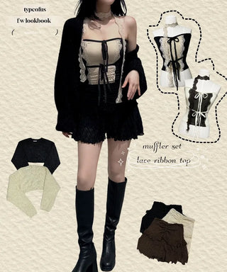 Muffler set lace ribbon top