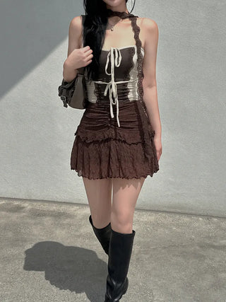Muffler set lace ribbon top