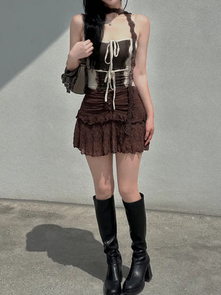 Muffler set lace ribbon top