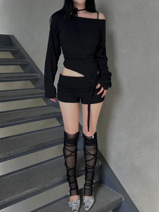 Garter long strap uneven long sleeve T-shirt