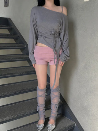Garter long strap uneven long sleeve T-shirt