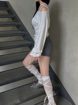 Garter long strap uneven long sleeve T-shirt