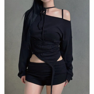 Garter long strap uneven long sleeve T-shirt