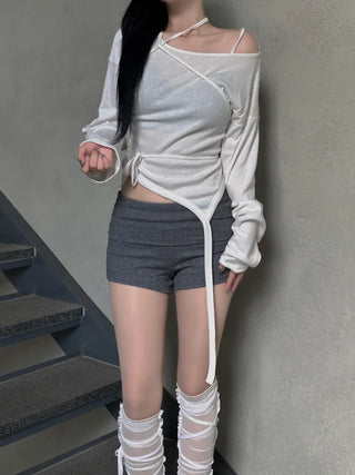Garter long strap uneven long sleeve T-shirt