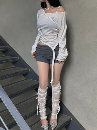 Garter long strap uneven long sleeve T-shirt