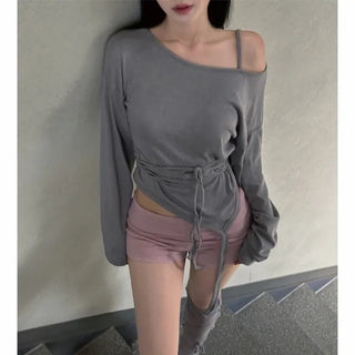 Garter long strap uneven long sleeve T-shirt