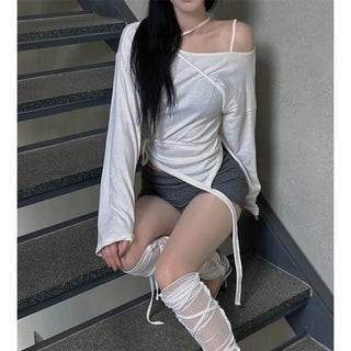 Garter long strap uneven long sleeve T-shirt