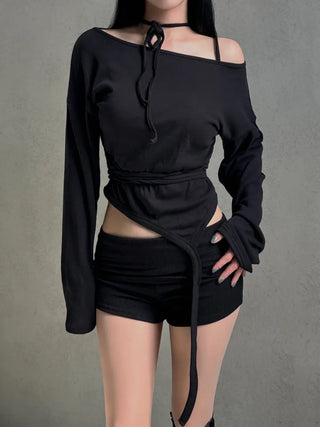 Garter long strap uneven long sleeve T-shirt