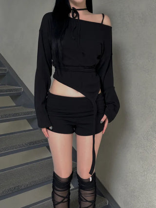 Garter long strap uneven long sleeve T-shirt