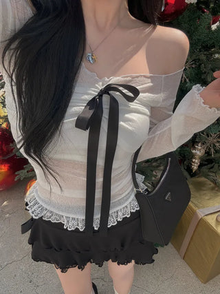Yeri sheer ribbon lace off-the-shoulder tee
