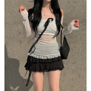 Yeri sheer ribbon lace off-the-shoulder tee
