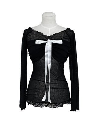 Yeri sheer ribbon lace off-the-shoulder tee