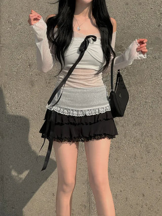 Yeri sheer ribbon lace off-the-shoulder tee