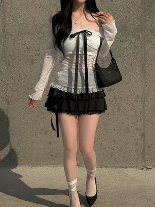 Yeri sheer ribbon lace off-the-shoulder tee