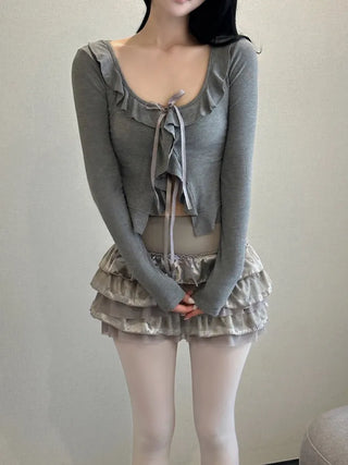 Ruffled ribbon button top cardigan