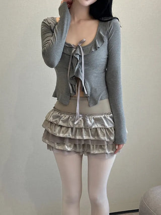 Ruffled ribbon button top cardigan