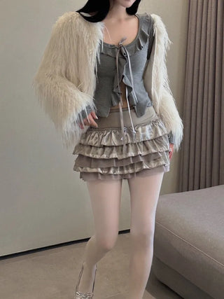 Ruffled ribbon button top cardigan