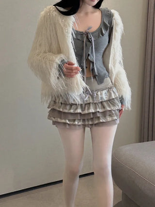 Ruffled ribbon button top cardigan