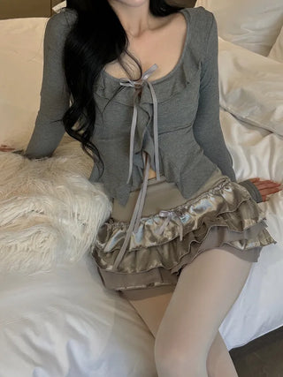 Ruffled ribbon button top cardigan
