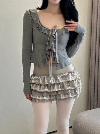 Ruffled ribbon button top cardigan