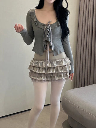 Ruffled ribbon button top cardigan