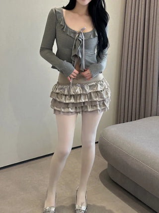 Ruffled ribbon button top cardigan