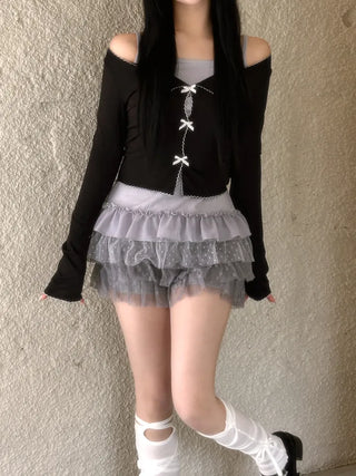 Dot frill lace long sleeve top