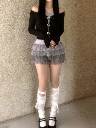 Dot frill lace long sleeve top