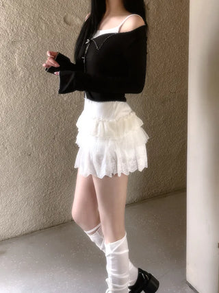Dot frill lace long sleeve top