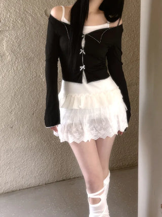 Dot frill lace long sleeve top
