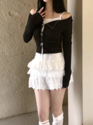 Dot frill lace long sleeve top