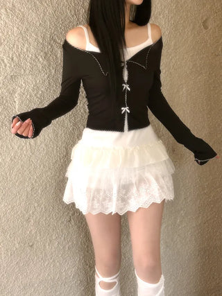 Dot frill lace long sleeve top