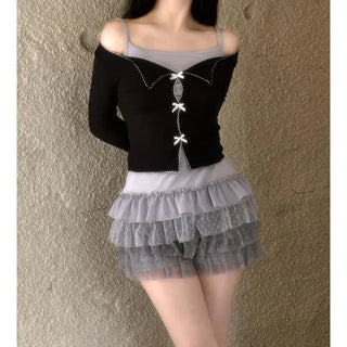 Dot frill lace long sleeve top