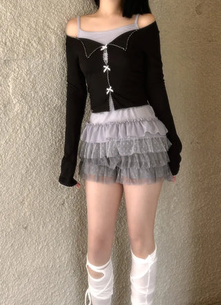 Dot frill lace long sleeve top