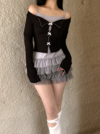 Dot frill lace long sleeve top