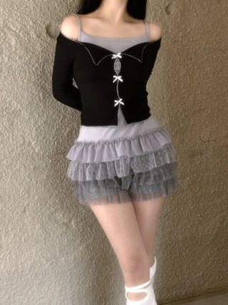 Dot frill lace long sleeve top