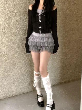 Dot frill lace long sleeve top