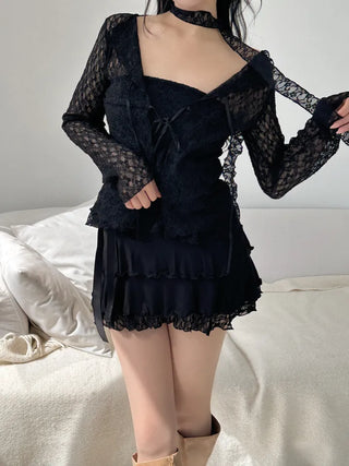 Ribbon lace open long sleeve cardigan