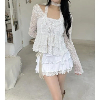 Ribbon lace open long sleeve cardigan
