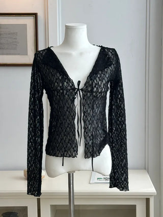 Ribbon lace open long sleeve cardigan