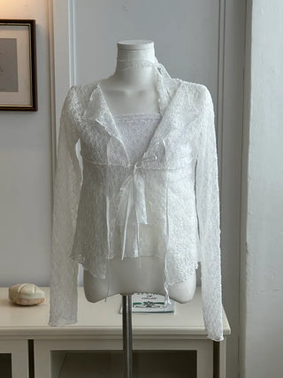 Ribbon lace open long sleeve cardigan