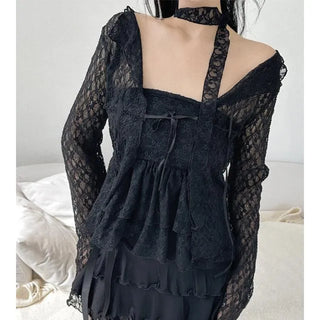 Ribbon lace open long sleeve cardigan