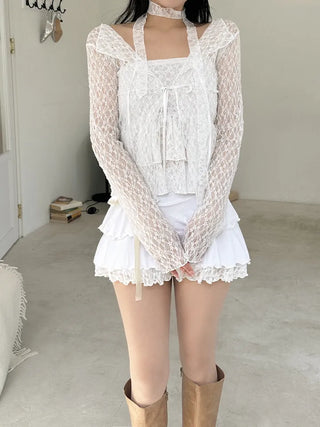 Ribbon lace open long sleeve cardigan