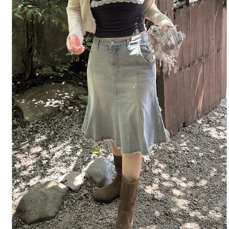 Vintage slit denim midi skirt