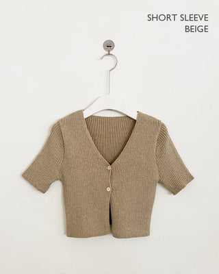 (Short-sleeved/Long-sleeved) Pastel Cropped V-neck Slim Button Ribbed Cardigan